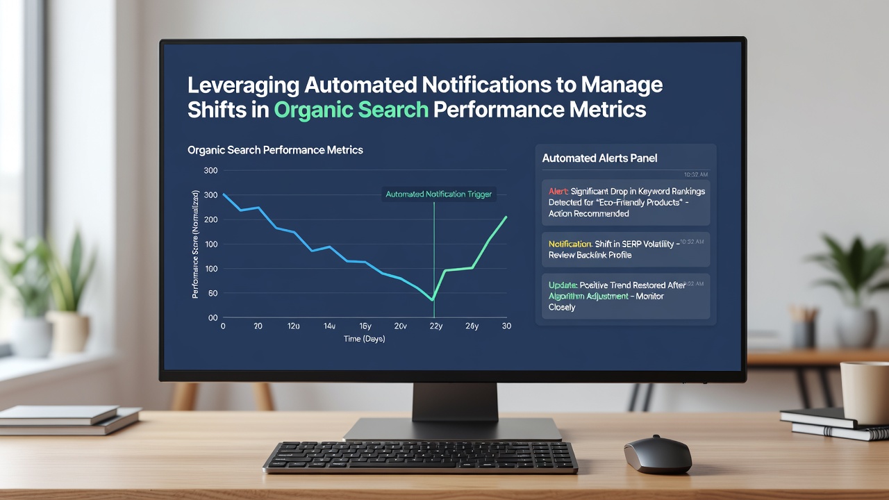 Team reviewing automated search performance alerts on multiple screens during a strategy session